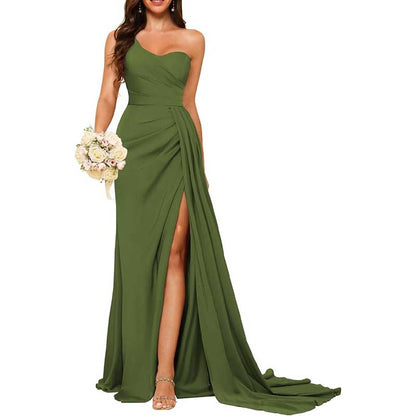 One Shoulder Mermaid Bridesmaid Dresses with Slit Long Ruched Satin Prom Dresses