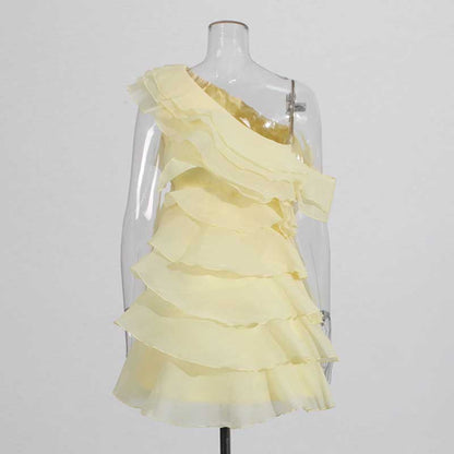 Single Shoulder Mini Ruffles Dress