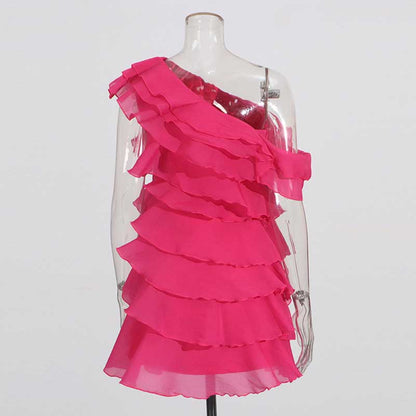 Single Shoulder Mini Ruffles Dress