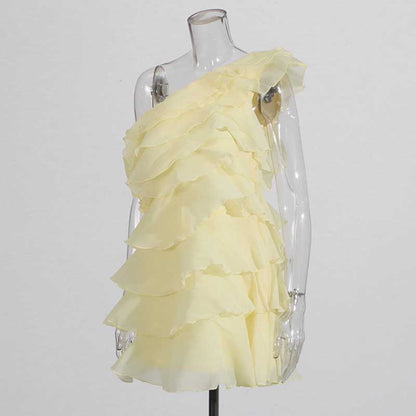 Single Shoulder Mini Ruffles Dress