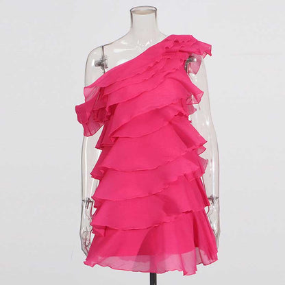 Single Shoulder Mini Ruffles Dress