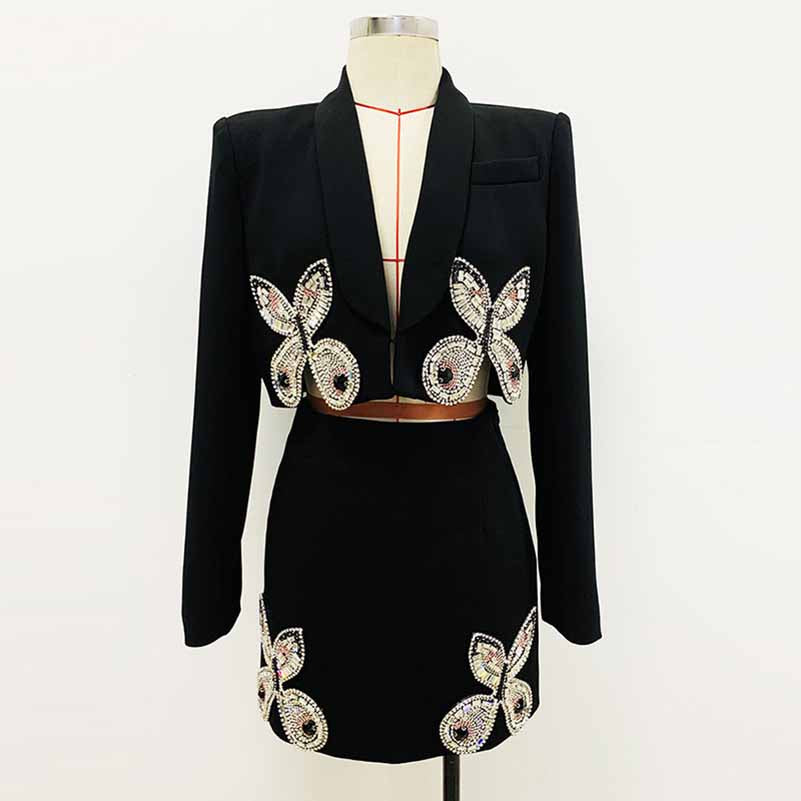 Long Sleeve Rhinestone Bow Two-piece Skirt Suit Chic Mini Skirt and Cropped Blazer Suit