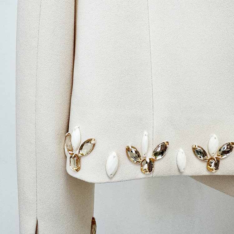 Long Sleeve Beige Crystal Embellished Skirt Suit