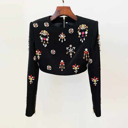 Women's Skirt Suit Fitted nail bead diamond Short Crop Jacket + Mini Skirt Suit