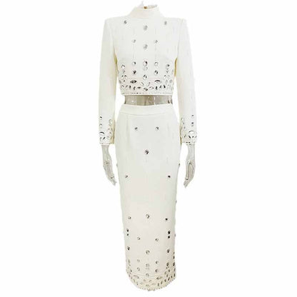 Women's Skirt Suit Fitted Beaded Long Sleeve Crop Top + Long Skirt Suit