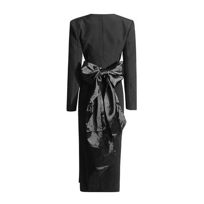 Women's High Split Skirt Suit Knee Length Wedding Suit With Bow Tie