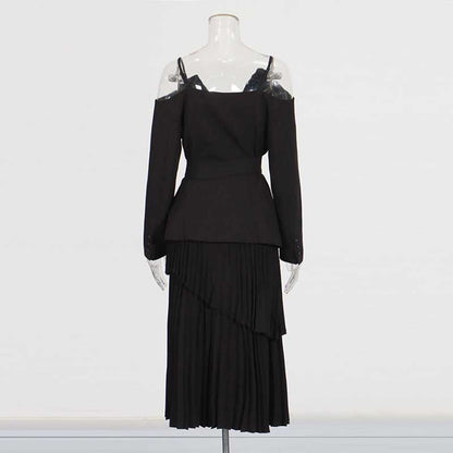 Women's Midi Skirt Suit Off Shoulder Long Sleeve Pleated Skirt Set With Belt