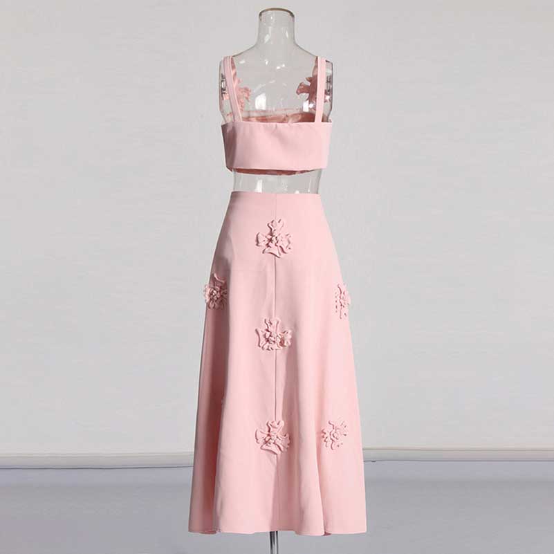 2-Piece Rose Bra-Top and Flare Skirt Set Pleated Skirt Suit