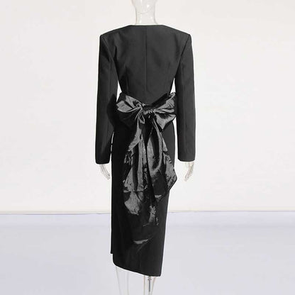 Women's High Split Skirt Suit Knee Length Wedding Suit With Bow Tie