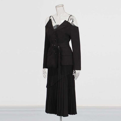 Women's Midi Skirt Suit Off Shoulder Long Sleeve Pleated Skirt Set With Belt