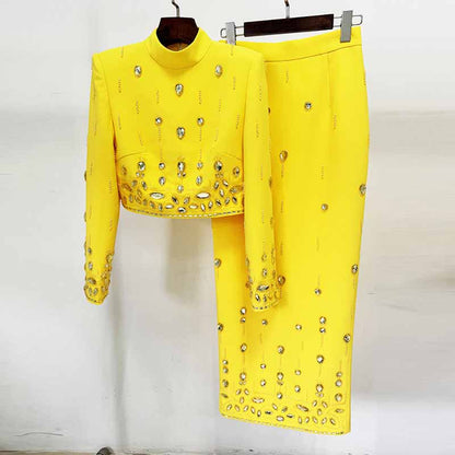 Women's Skirt Suit Fitted Beaded Long Sleeve Crop Top + Long Skirt Suit