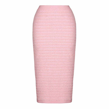 Women Knitted Midi Skirt Suit Pearl Embellished Two Pieces Set