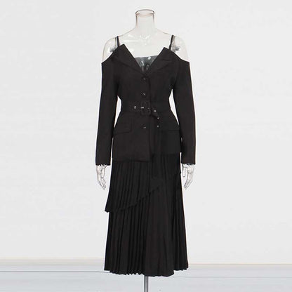 Women's Midi Skirt Suit Off Shoulder Long Sleeve Pleated Skirt Set With Belt