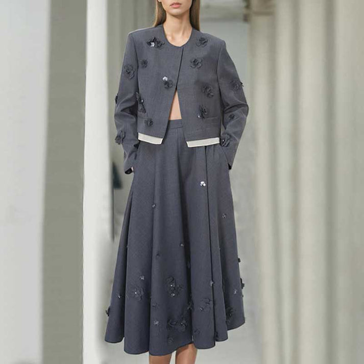 Chic Gray Sweater Jacket & Flowy Tutu Skirt Ensemble main image 0