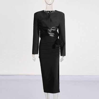 Women's High Split Skirt Suit Knee Length Wedding Suit With Bow Tie