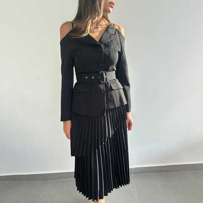 Women's Midi Skirt Suit Off Shoulder Long Sleeve Pleated Skirt Set With Belt