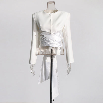 Women's High Split Skirt Suit Knee Length Wedding Suit With Bow Tie