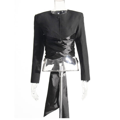 Women's High Split Skirt Suit Knee Length Wedding Suit With Bow Tie