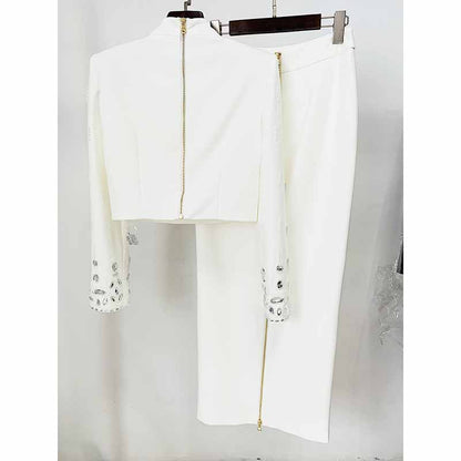 Women's Skirt Suit Fitted Beaded Long Sleeve Crop Top + Long Skirt Suit