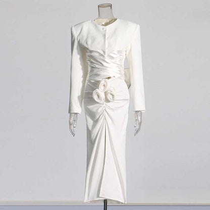 Women's High Split Skirt Suit Knee Length Wedding Suit With Bow Tie