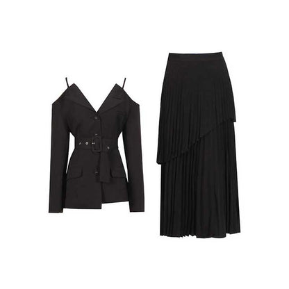 Women's Midi Skirt Suit Off Shoulder Long Sleeve Pleated Skirt Set With Belt