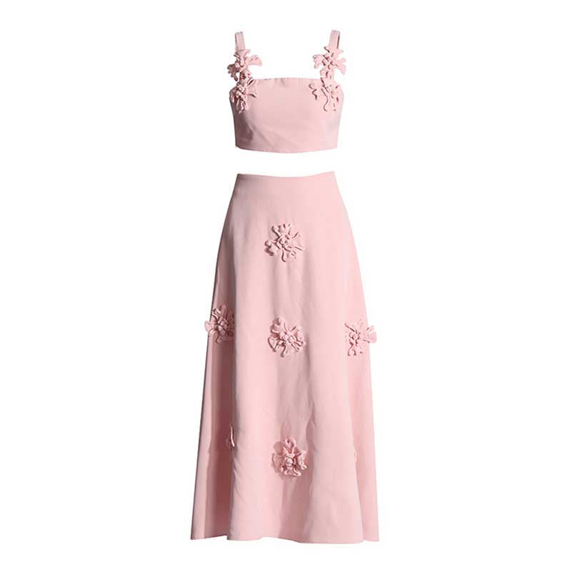 2-Piece Rose Bra-Top and Flare Skirt Set Pleated Skirt Suit