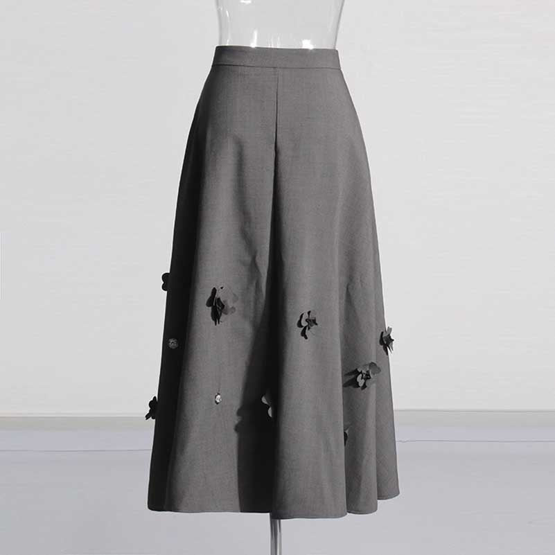 Grey Skirt Suit With Flower Embellished Jacket and Skirt