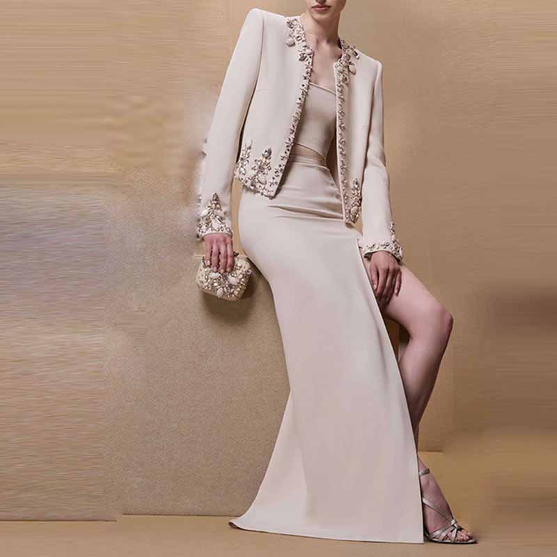 Long Sleeve Beige Crystal Embellished Skirt Suit