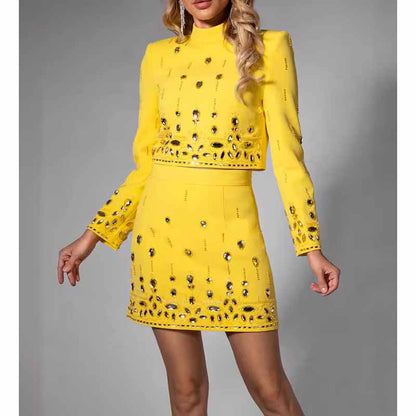Women's Skirt Suit Fitted Beaded Short Crop Top + Mini Skirt Suit