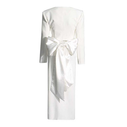 Women's High Split Skirt Suit Knee Length Wedding Suit With Bow Tie