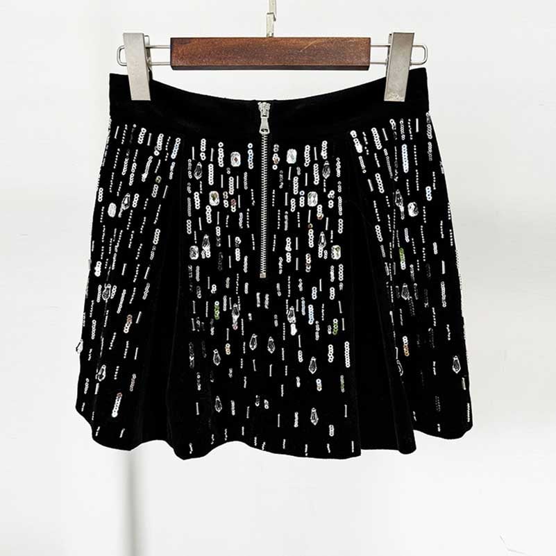 Velvet Sequin-Embellished Cropped Skirt Suit