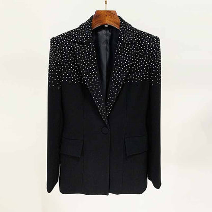 Women Black Bling Bling Hot Drill Studs Fitted Blazer + Mini Skirt Suit Black