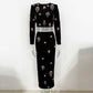 Long Sleeve Crystal Embellished Two-piece Skirt Suit Beaded Crop Top Midi Skirt Suit