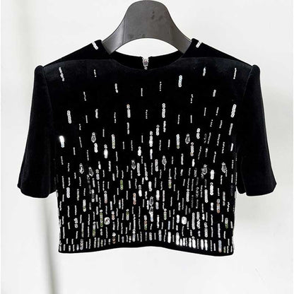 Velvet Sequin-Embellished Cropped Skirt Suit