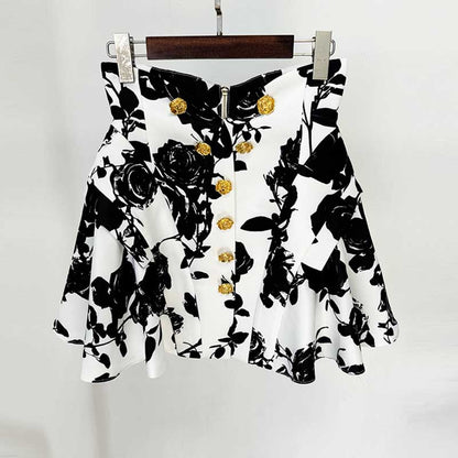 Black and White Roses Short Skirt and White Shirt