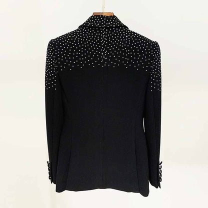 Women Black Bling Bling Hot Drill Studs Fitted Blazer + Mini Skirt Suit Black