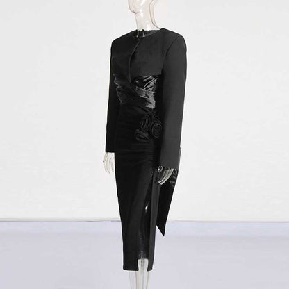 Women's High Split Skirt Suit Knee Length Wedding Suit With Bow Tie