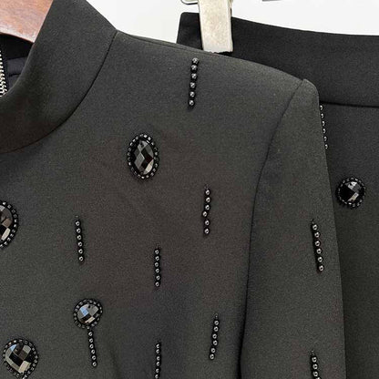 Women's Skirt Suit Fitted Beaded Long Sleeve Crop Top + Long Skirt Suit