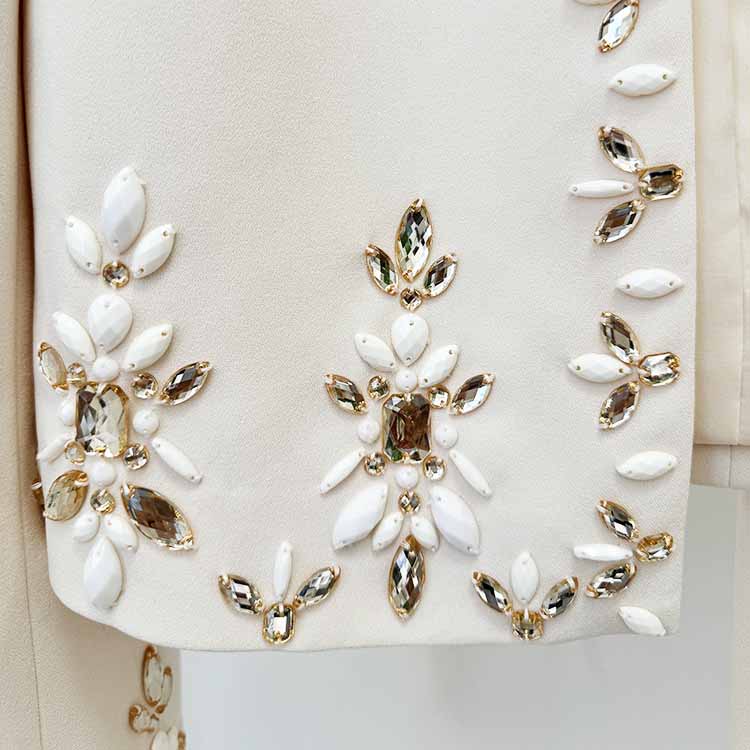 Long Sleeve Beige Crystal Embellished Skirt Suit