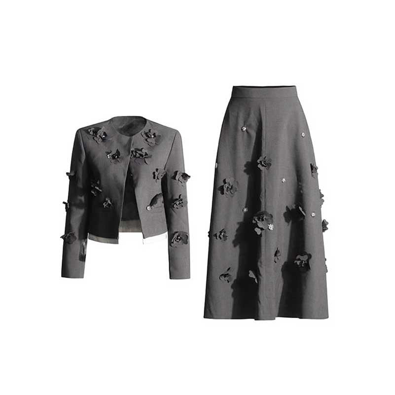 Grey Skirt Suit With Flower Embellished Jacket and Skirt