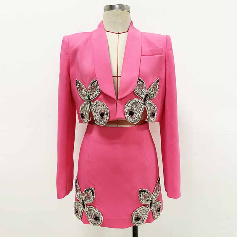 Long Sleeve Rhinestone Bow Two-piece Skirt Suit Chic Mini Skirt and Cropped Blazer Suit