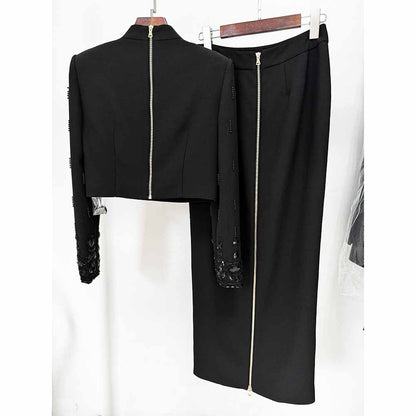 Women's Skirt Suit Fitted Beaded Long Sleeve Crop Top + Long Skirt Suit