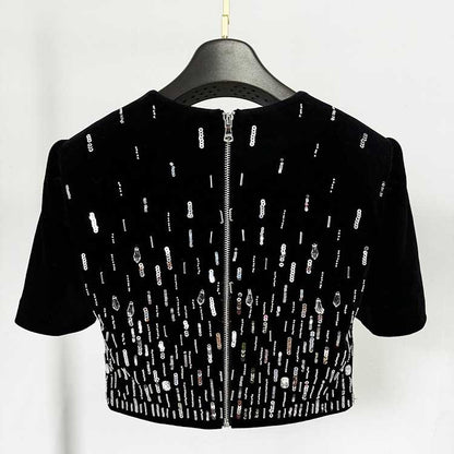 Velvet Sequin-Embellished Cropped Skirt Suit