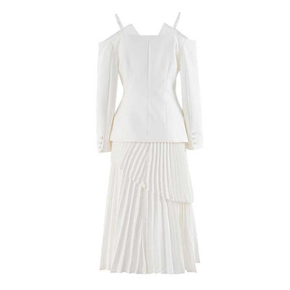 Women's Midi Skirt Suit Off Shoulder Long Sleeve Pleated Skirt Set With Belt