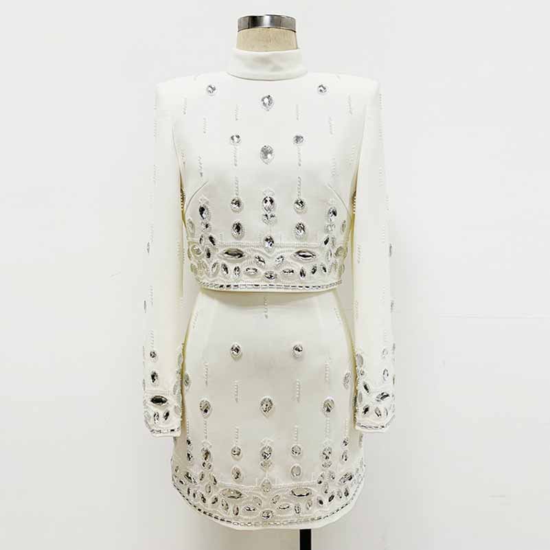 Women's Formal Skirt Suit Fitted Diamonds Pearls Decoration Short Crop Jacket + Mini Skirt Suit