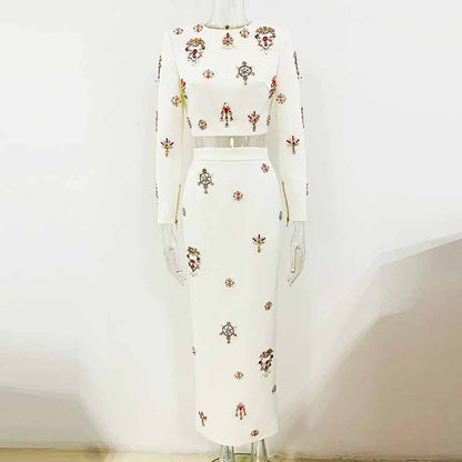 Long Sleeve Crystal Embellished Two-piece Skirt Suit Beaded Crop Top Midi Skirt Suit