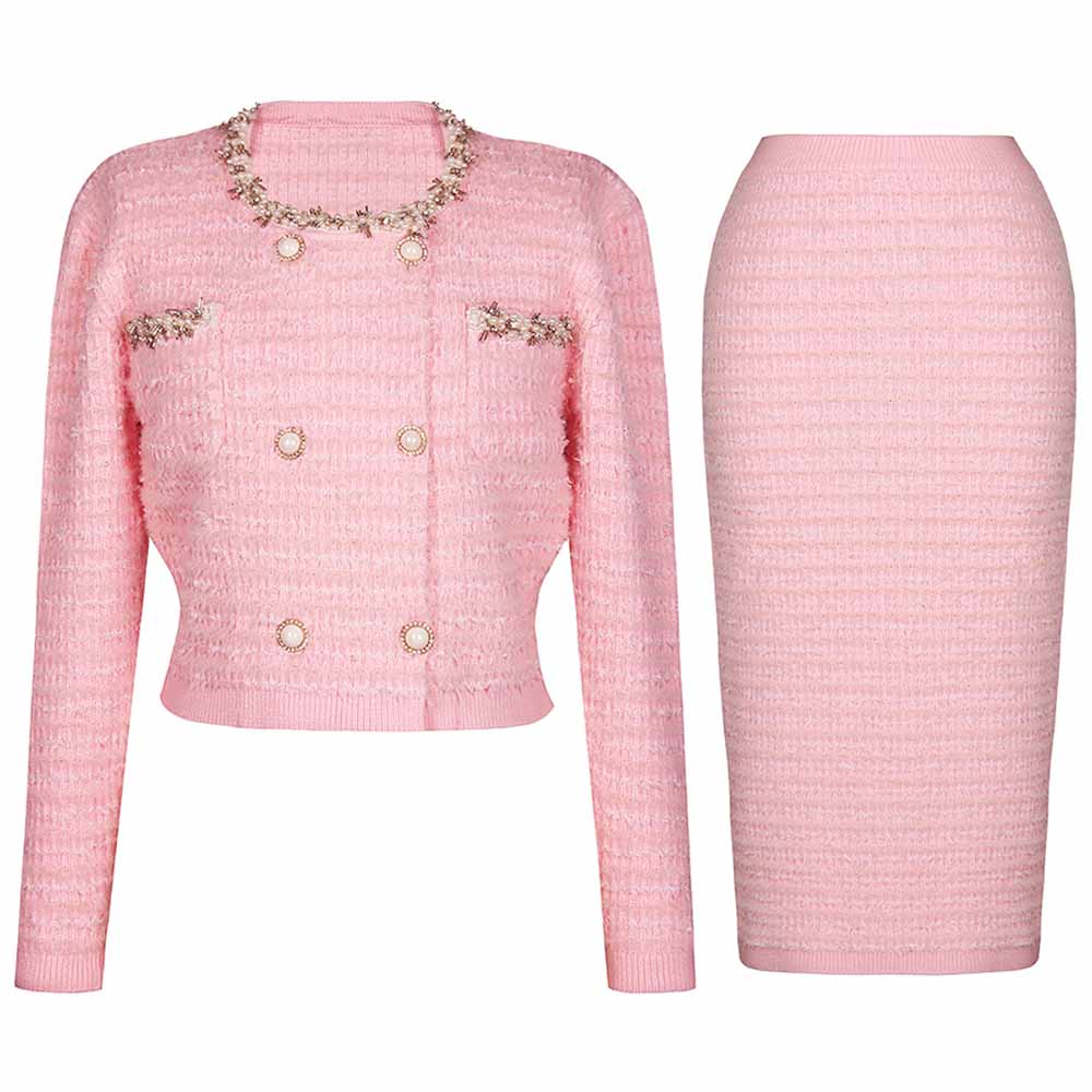 Women Knitted Midi Skirt Suit Pearl Embellished Two Pieces Set