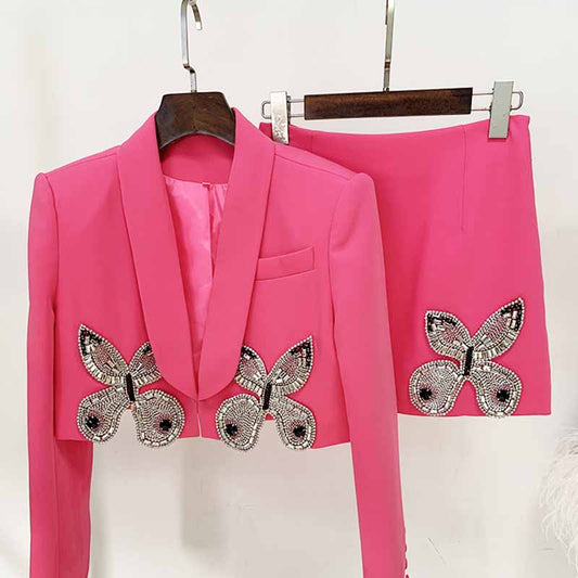 Long Sleeve Rhinestone Bow Two-piece Skirt Suit Chic Mini Skirt and Cropped Blazer Suit