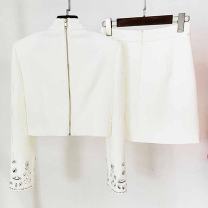 Women's Formal Skirt Suit Fitted Diamonds Pearls Decoration Short Crop Jacket + Mini Skirt Suit