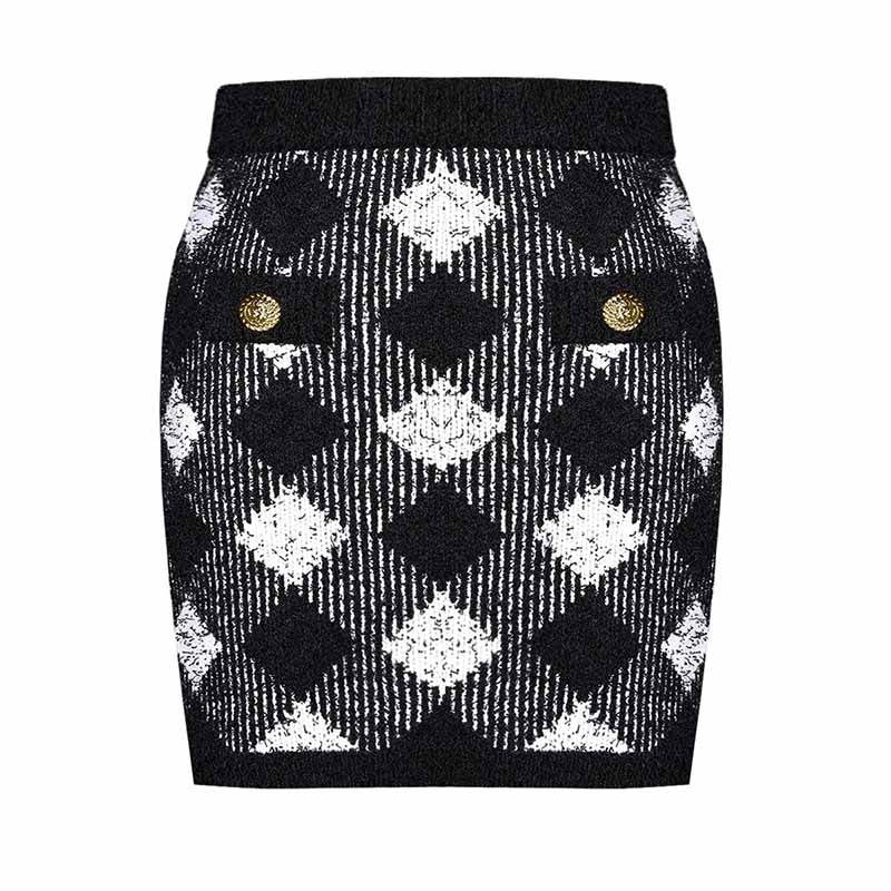 Black and White Buttoned Embellished Minidress Knitted Skirt Suit